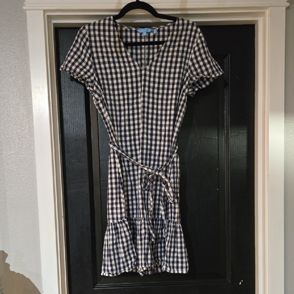 Draper James Navy Blue And White Gingham Ruffle Dress Size Medium
